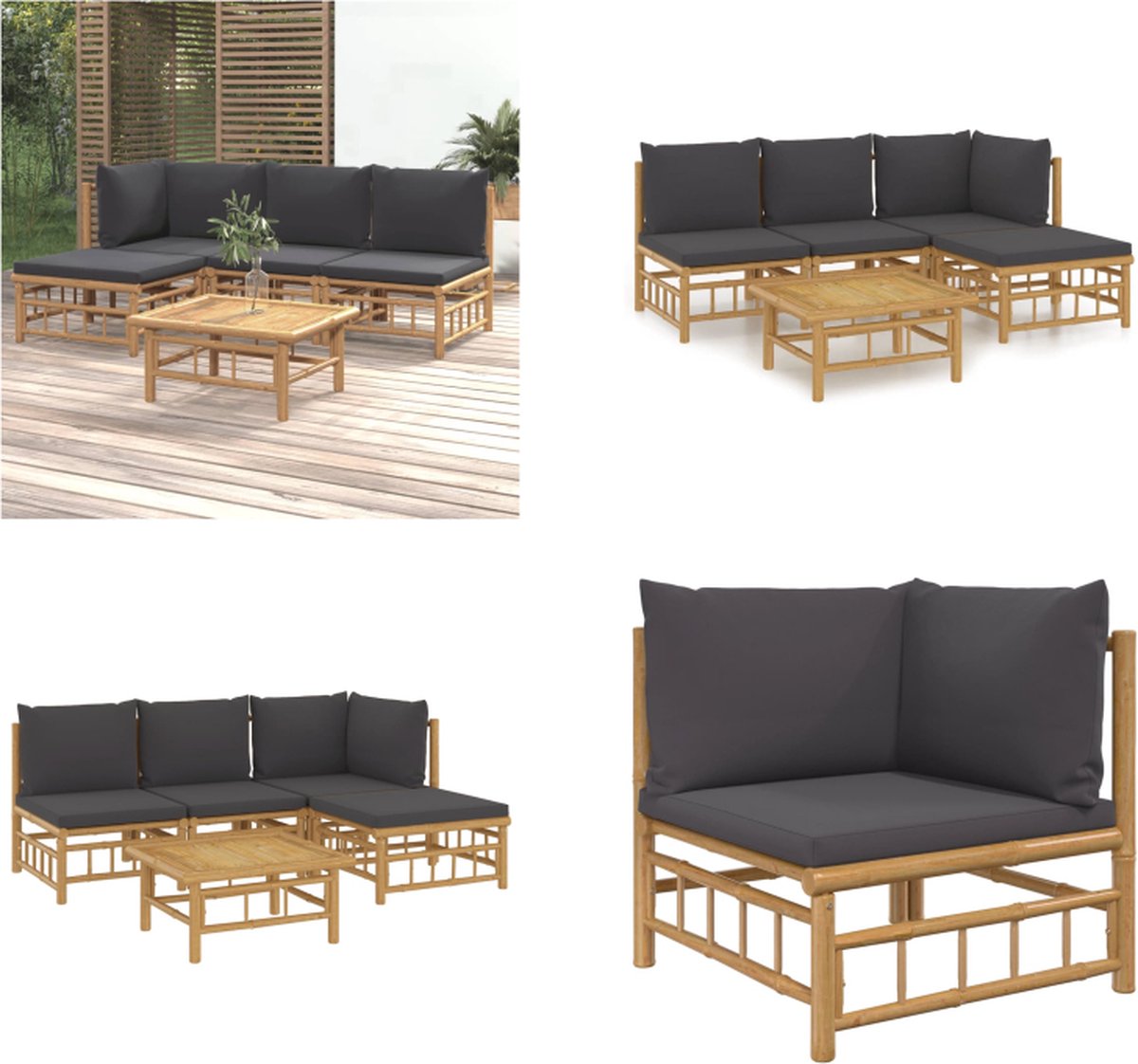 vidaXL 5-delige - Loungeset - met - kussens - bamboe - donkergrijs