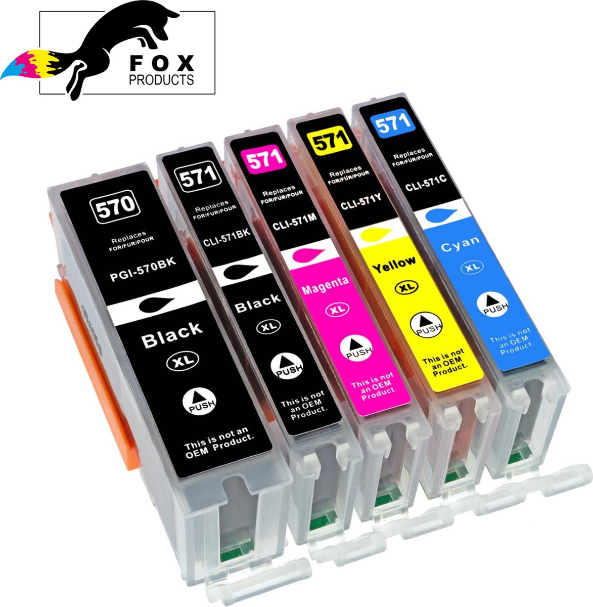 FoxProducts® 5stuks PGI-570XL / CLI-571XL, 570 / 571 inktcartridges geschikt voor Canon Pixma MG5700, MG5750, MG5751, MG5752, MG5753, MG6800, MG6850, MG6851, MG6852, MG6853, MG7750, MG7751, TS5050, TS5051, TS5053, TS5055, TS6050, TS805