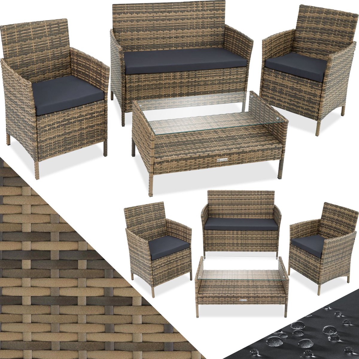 Moderne lounge tuinmeubelset met bank, tafel en glazen blad in poly-rattan.