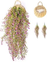 Kunstplant, hangende kunstplanten met houten mand, hangplant, kunstklimop, 107 cm, voor kantoor, keuken, tuin, feest, wanddecoratie (lila wilgen)