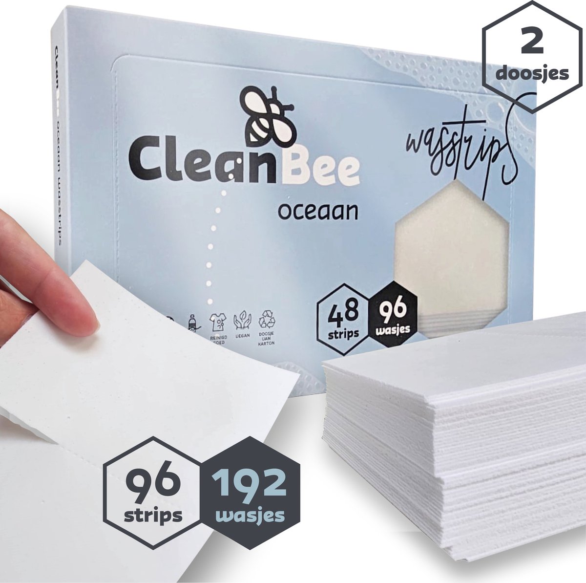 CleanBee® Wasstrips 192 Wasbeurten Oceaan - Wasmiddeldoekjes - Wasstrips Proefpakket - Wasmiddel - Wasvellen - Detergent Sheets - Eco Laundry Strips - Plasticvrij - Biologisch - Eco Wasstrips