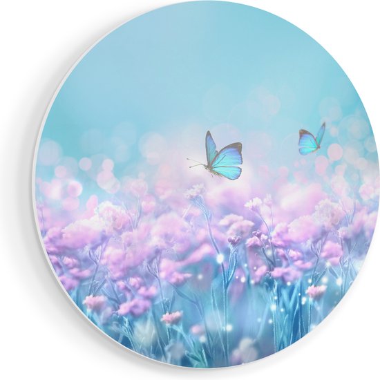 Artaza Forex Muurcirkel Twee Blauwe Vlinders Bij Roze Bloemen - 70x70 cm - Wandcirkel - Rond Schilderij - Wanddecoratie Cirkel - Muurdecoratie