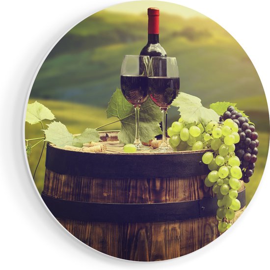 Artaza Forex Muurcirkel Wijn met Druiven op een Vat in Toscane - 70x70 cm - Wandcirkel - Rond Schilderij - Wanddecoratie Cirkel - Muurdecoratie