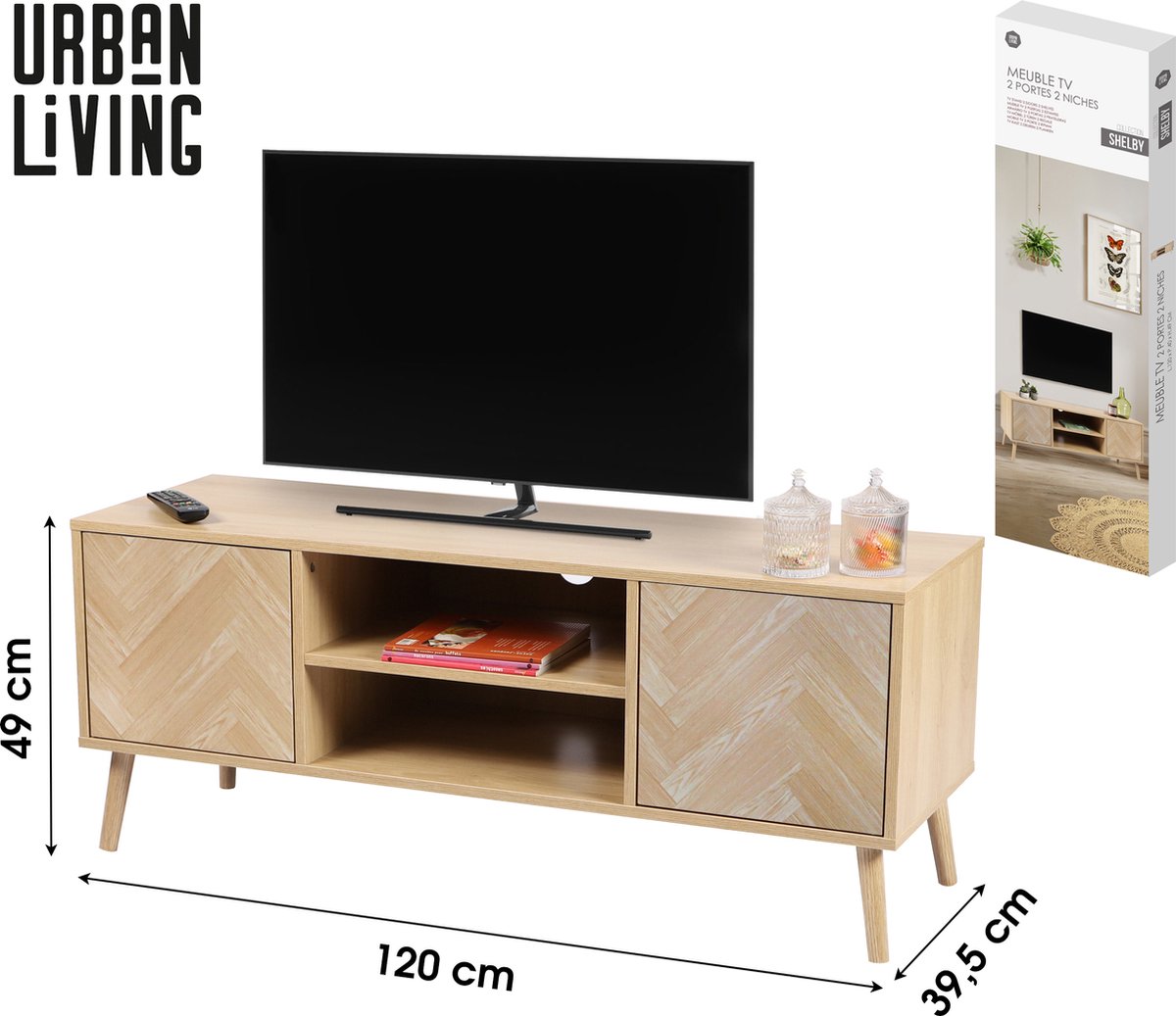 Urban Living "SHELBY" TV-MEUBEL MET 2 DEUREN EN 2 PLANKEN, PUSH-PULL SYSTEEM, 120×40×H48 CM ligt borwn