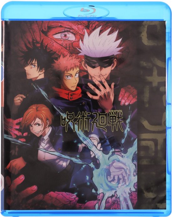 Voorzijde Blu-ray hoes met vijf anime personages, waaronder Gojo met blinddoek en Yuji met rode sjaal, tegen een donkere achtergrond met Japanse tekst.