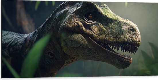 Dibond - Dinosaurus - Bos - Groen - 100x50 cm Foto op Aluminium (Wanddecoratie van metaal)