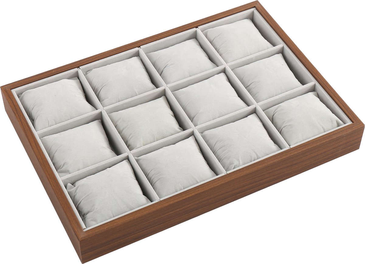 Fliex - sieradendoos - luxe - donkerbruin hout - lichtgrijs velours - walnoot bruin - 12 vakken met kussens