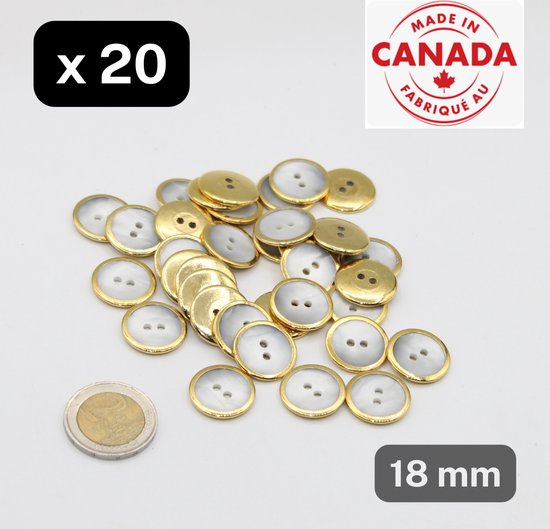 20 Stuks METAAL KNOPEN Met Inleg IMITATIE PARELMOER, Maat 18MM, Made in Canada, met 2 Gaatjes, Kleur GRIJS + GOUD