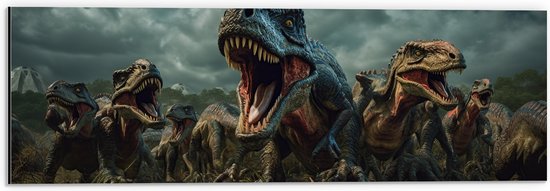 Dibond - Dinosaurussen - Gevaarlijk - Tanden - Groep - 60x20 cm Foto op Aluminium (Wanddecoratie van metaal)