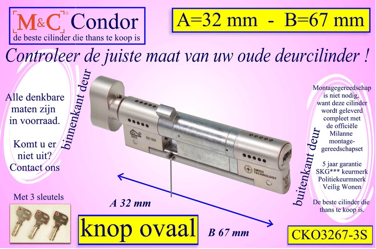 M&C Condor high security deurcilinder met Knop OVAAL 32x67 mm - SKG*** - Politiekeurmerk Veilig Wonen - inclusief gereedschap montageset