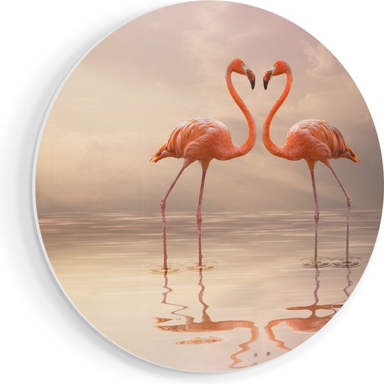 Artaza Forex Muurcirkel Twee Flamingo's in een Hartjes Vorm - 60x60 cm - Wandbord - Wandcirkel - Rond Schilderij - Wanddecoratie Cirkel