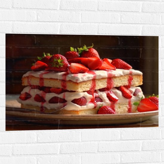 Muursticker - Eten - Cake - Fruit - Aardbeien - Bord - Lepel - 90x60 cm Foto op Muursticker