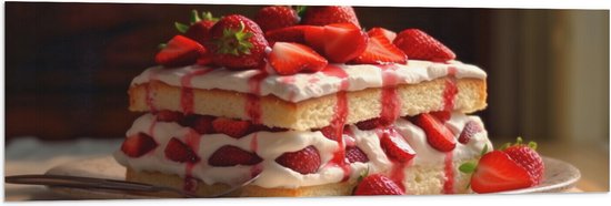 Vlag - Eten - Cake - Fruit - Aardbeien - Bord - Lepel - 120x40 cm Foto op Polyester Vlag