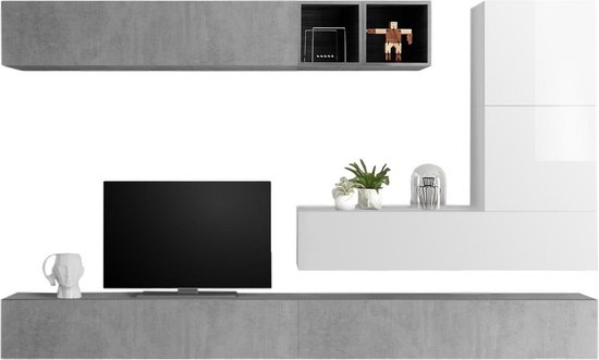 TV-wandmeubel Adello in hoogglans wit met grijs beton