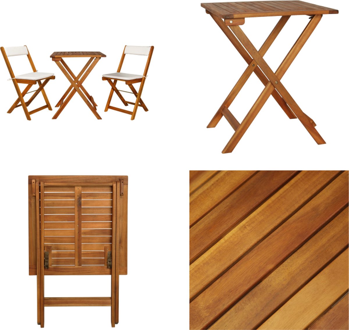 VidaXL 3-delige Bistroset inklapbaar met kussens massief acaciahout Bistro Set Bistro Sets Houten Bistroset Houten Bistrosets