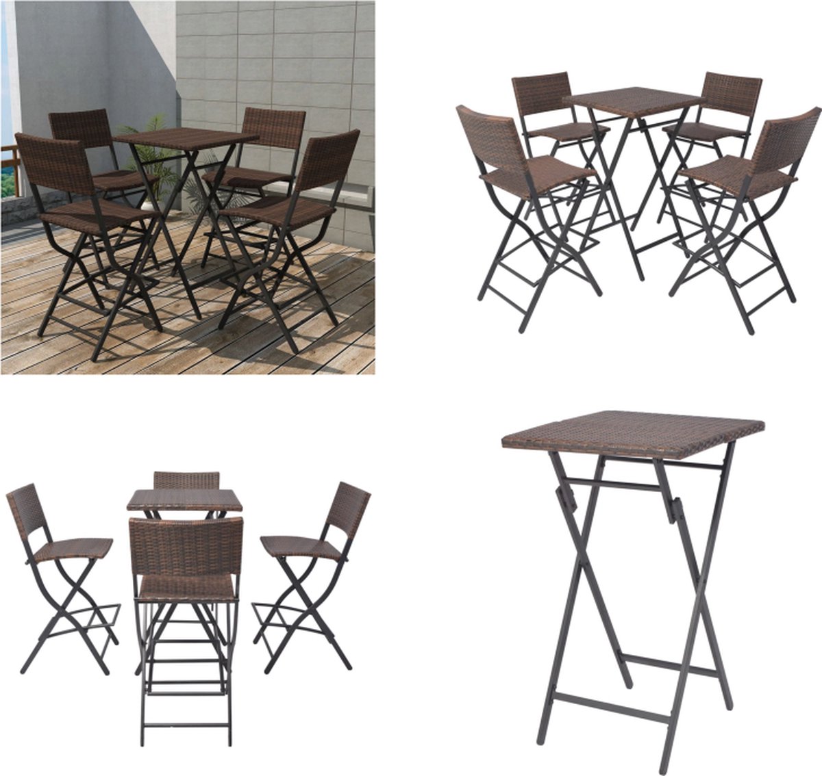 VidaXL 5-delige Tuinset inklapbaar staal poly rattan bruin Buiten Barset Buiten Barsets Buiten Eethoek Buiten Eethoeken