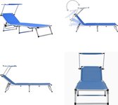 vidaXL Ligbed inklapbaar met dak aluminium en textileen blauw - Zonnebed - Zonnebedden - Ligstoel - Ligstoelen