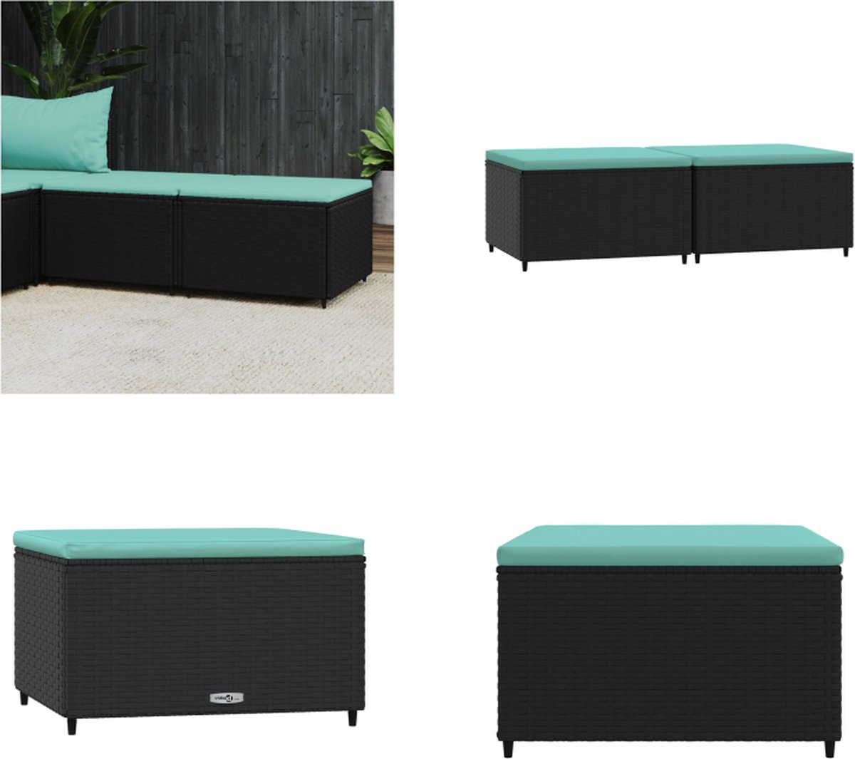 vidaXL Voetensteunen - 2 - st - met - kussens - poly - rattan - zwart Zwart en blauw