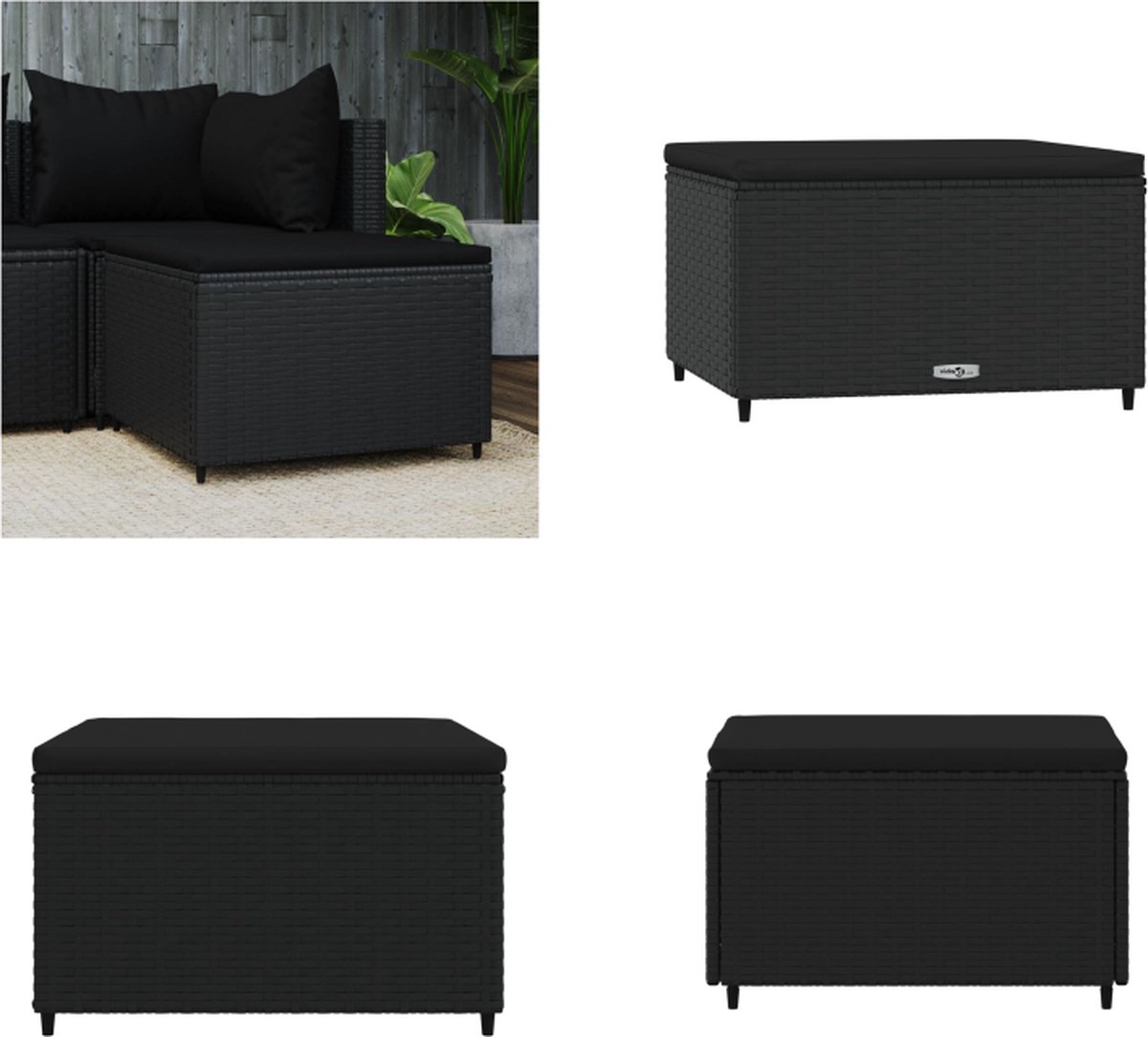vidaXL Voetensteun - met - kussen - poly - rattan - zwart