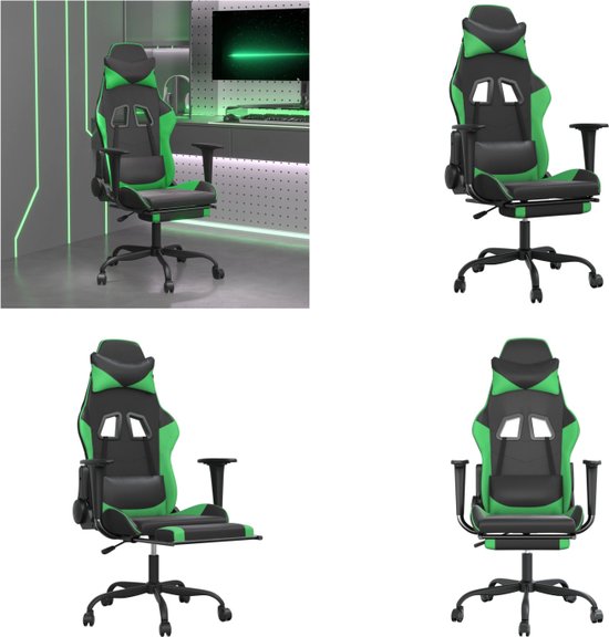 vidaXL Massage gamestoel met voetensteun kunstleer zwart en groen - Gamingstoel - Gamingstoelen - Televisiestoel - Racingstoel