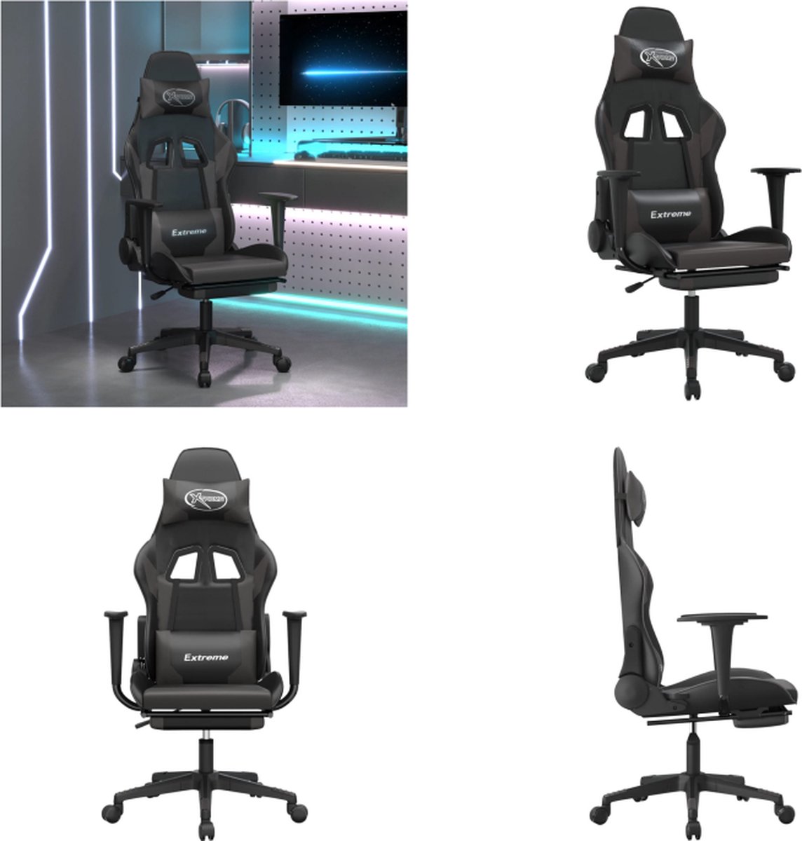 vidaXL Gamestoel met voetensteun kunstleer zwart en grijs - Gamingstoel - Gamingstoelen - Televisiestoel - Racingstoel