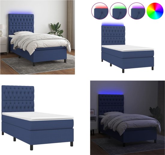 vidaXL Boxspring met matras en LED stof blauw 100x200 cm - Boxspring - Boxsprings - Bed - Slaapmeubel