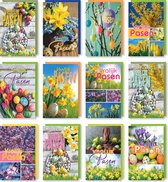 12 Paaskaarten - wenskaarten met gekleurde envelop - Pasen - Tulp - Narcis - Eieren - Paashaas - Forsythia - 11,5 x 17 cm