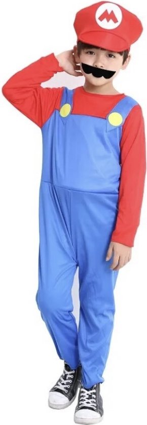 Carnaval - Superheld - Jumpsuite - Unisex - 4 t/m 6 jaar - Kleur rood/blauw - Feestkostuum - Feestkleding - Games - Loodgieter - Inclusief handschoenen, snor en pet - Feest - Verkleedkleren - Carnavalskleding - Carnaval Outfit - Carnaval - Optocht -