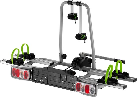 Zilveren fietsendrager voor 2 fietsen met zwarte klemmen en groene riemen.