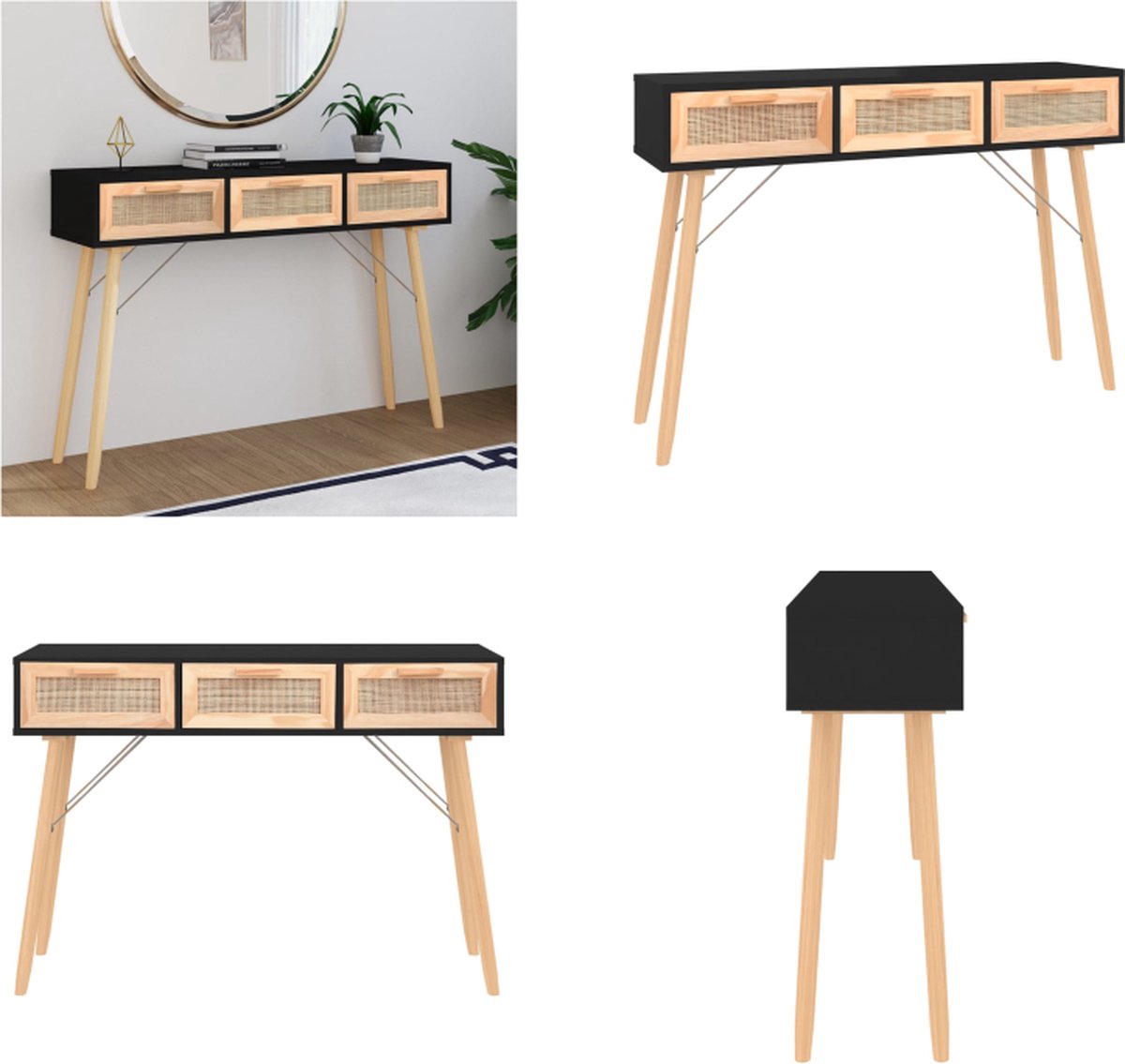 vidaXL Wandtafel - 105x30x75 - cm - massief - grenenhout - en - natuurlijk - rattan zwart