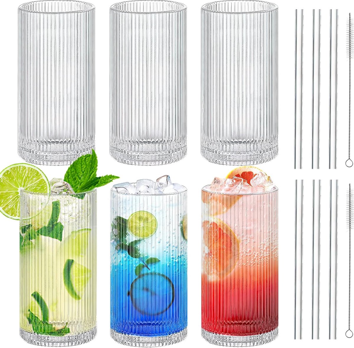 Goedkoopste 6 stuks geribbelde glazen drinkglazen, 340 ml heldere kristallen glazen set met glazen rietjes, origami stijl kristallen glazen geribbeld glaswerk voor Coocktail whiskey sap water
