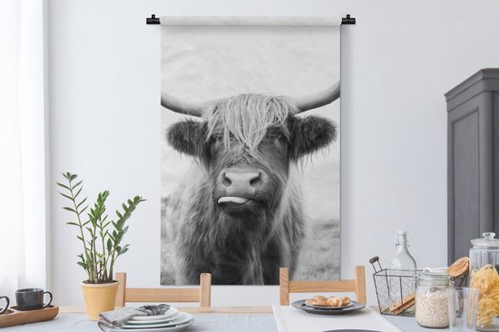 Tapisserie - Tissu mural - Animaux - Highlander écossais - Vache - Zwart - Wit - 90x135 cm - Tapisserie