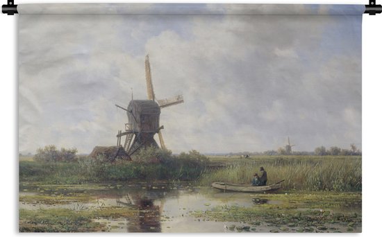 Schilderij van een molen, een waterpartij en een bootje met twee personen.