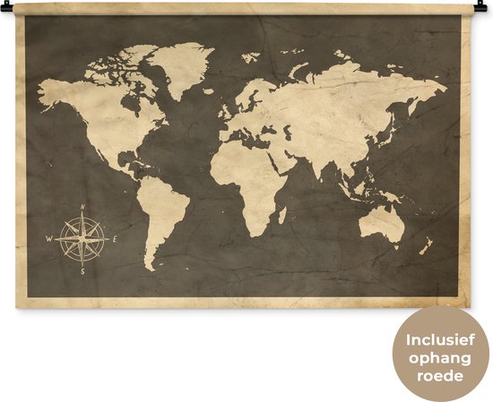 Wandkleed WereldkaartenKerst illustraties - Vintage wereldkaart met windroos Wandkleed katoen 120x80 cm - Wandtapijt met foto