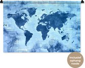 Wandkleed WereldkaartenKerst illustraties - Wereldkaart met blauwe verf op een achtergrond met krantenpapier Wandkleed katoen 90x60 cm - Wandtapijt met foto