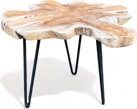 Table basse / table d'appoint plateau en teck bio | 40x50x39 cm | sur 3 pieds en acier (à assembler soi-même)