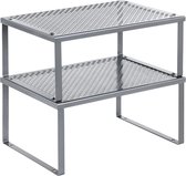 Keukenorganizer, keukenrekken, kastopslag, stapelbaar, uitbreidbaar, set van 2 metalen keukenplanken, zilver