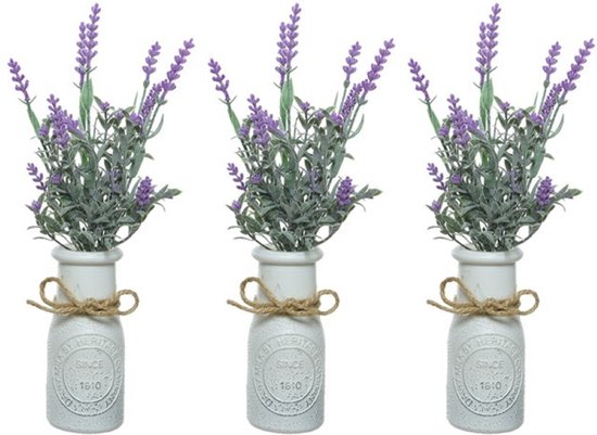 6x stuks lichtpaarse Lavandula/lavendel kunstplant 32 cm in witte pot - Kunstplanten/nepplanten