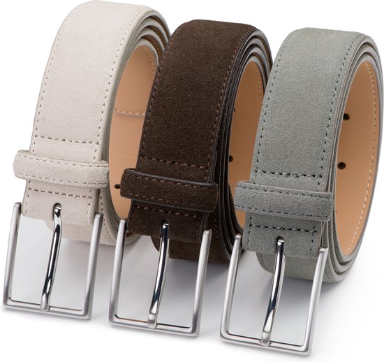 DTCH. FIT Ceinture Homme Suede Bobby - Riem Beige, Marron Foncé & Gris Clair - Ceinture Pantalon & Jeans - Taille de ceinture 85cm - Longueur totale 100cm - 3 Pièces