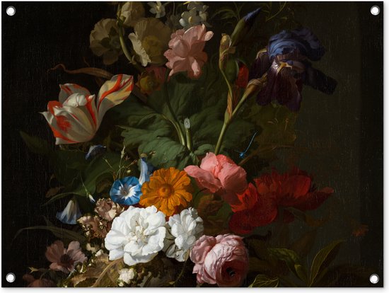 Tuinschilderij Vaas met bloemen - Schilderij van Rachel Ruysch - 80x60 cm - Tuinposter - Tuindoek - Buitenposter