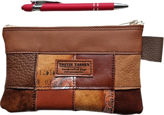 Toetie & Zo - Étui à crayons fait main - Cuir - Marron - Patchwork - Sac de téléphone - Sac de maquillage - Étui à crayons - Étui à médicaments