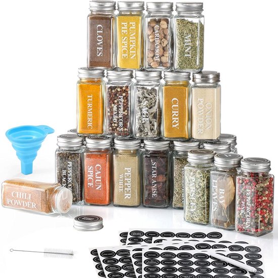 Foto: Botc 24 glazen kruidenpotjes set kruidenpotjes vierkant met rvs deksel kruidenstrooier compleet pakket incl kruidenpotjes stickers krijtstift en accessoires 120ml