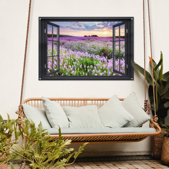 Tuinposter 120x80 cm - Tuindecoratie Doorkijk - Bloemen - Landschap - Raam - Poster voor in de tuin - Buiten decoratie - Schutting tuinschilderij - Tuindoek muurdecoratie - Wanddecoratie balkondoek