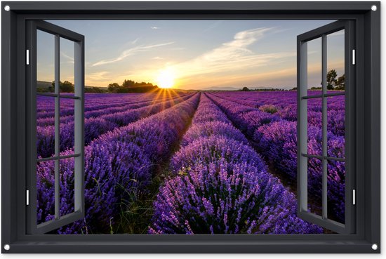 Tuinposter Doorkijk - Lavendel - Zonsondergang - Landschap - 120x80 cm - Tuindoek - Buitenposter