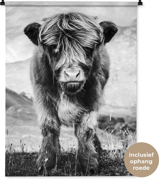 Wandkleed - Wanddoek - Schotse Hooglander - Berg - Zwart - Wit - 90x120 cm - Wandtapijt