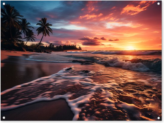 Tuinposter - Tuindoek - Tuinposters buiten - Zonsondergang - Strand met Palmbomen - Zee - 120x90 cm - Tuin