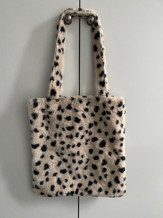 Dames tas - Luxe Fake Fur Beige met Zwart schoudertas - luipaart print - stippen -bag - cadeau moederdag - kerst kadotip