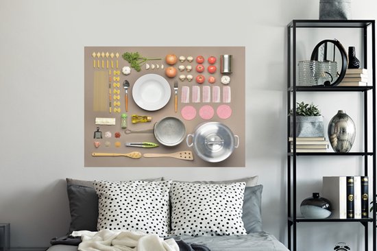 Sticker Muursticker Flat Lay Food - Table avec accessoires de cuisine - 120x90 cm - film autocollant - sticker mural repositionnable