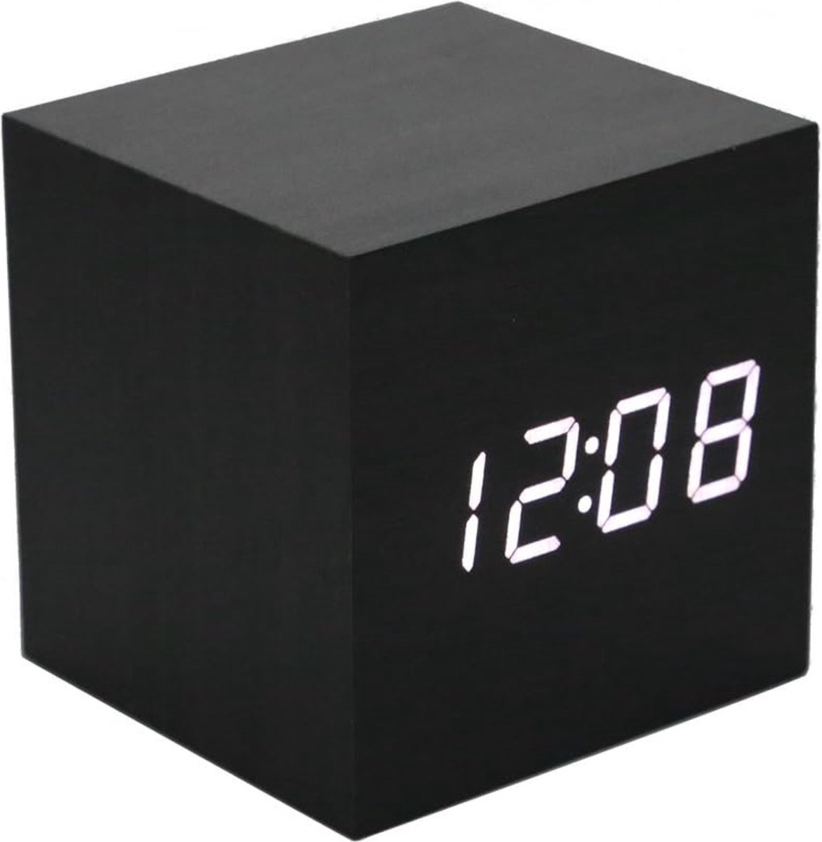 Allecto Plus - Digitale Wekker Houten Kubus met LED-Tijdkalender en Temperatuurweergave - Geluidsregeling - Intelligente Inductie - USB/Batterijvoeding - Thuiskantoor - Zwart/Wit.