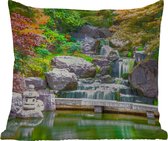 Buitenkussen Weerbestendig - Stenen - Water - Bomen - Japans - Botanisch - 50x50 cm